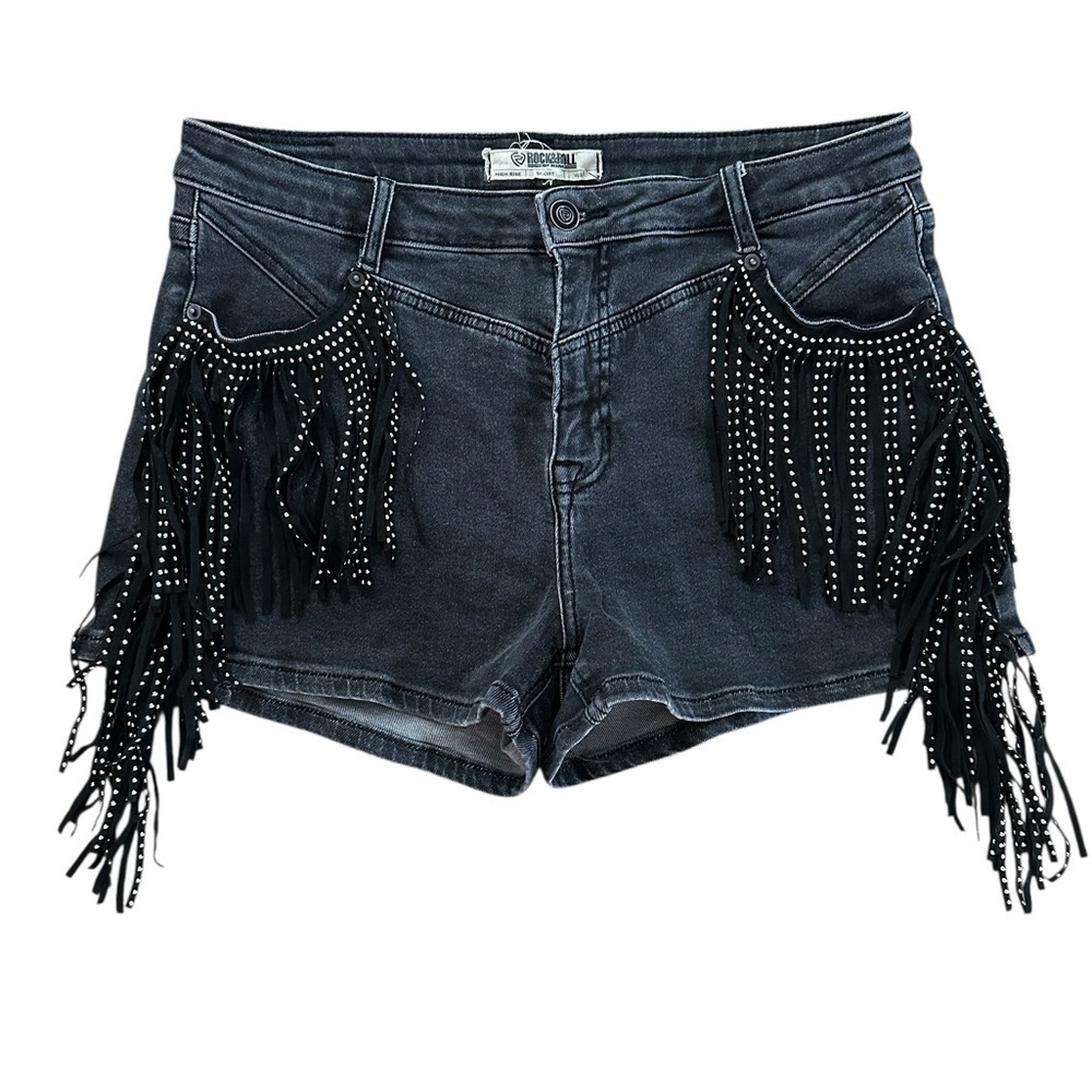Rock & Roll Denim High Rise Fringe Shorts β Black W33 - Picture 2 of 12